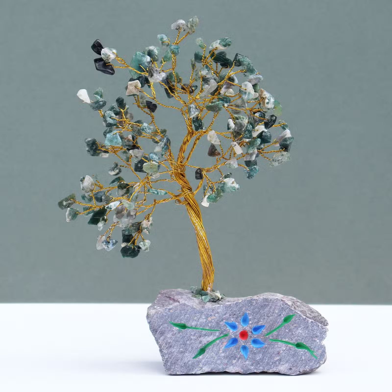 Moss Agate Tree with Stone Base