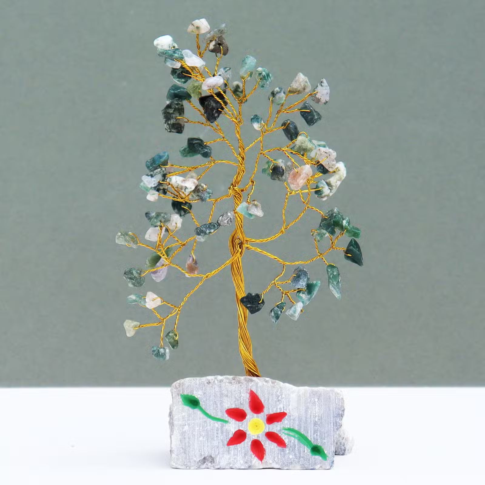 Moss Agate Tree with Stone Base